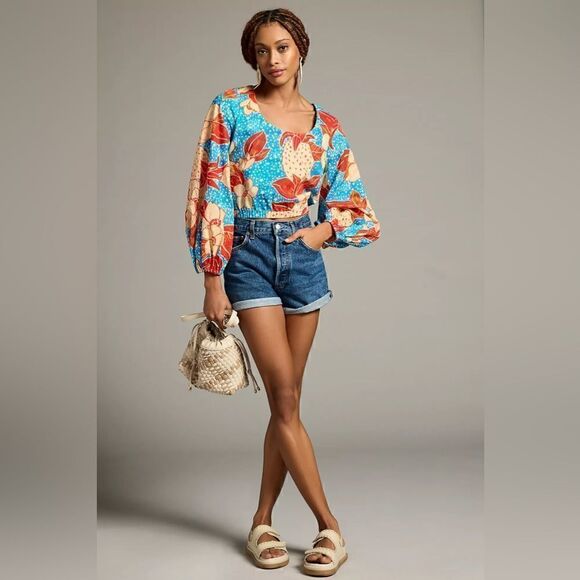 Farm Rio x Anthropologie Puff-Sleeve Bubble Blouse Size Medium - Picture 4 of 5